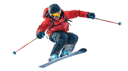 Man in red jacket skiing with poles isolated on black background on transparent background