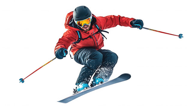 Man in red jacket skiing with poles isolated on black background on transparent background