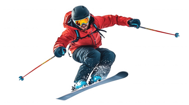 Man in red jacket skiing with poles isolated on black background on transparent background - Powered by Adobe