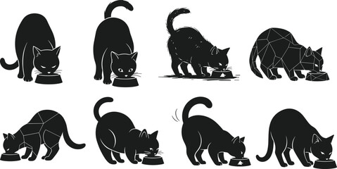 Naklejka premium Black cat eating from a food bowl vector silhouette icon set, hungry feline pet animal mascot collection in various feeding poses.