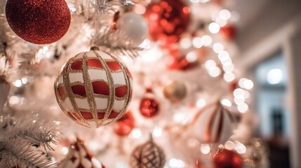 Close-up of Christmas tree decorations with red and white ornaments on evergreen branch, blurred lights in background creating warm festive vibe for holiday decor and seasonal themes.