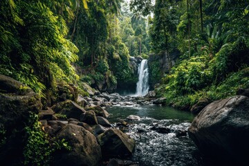 Lush Tropical Waterfall Scene with Rocks and Vibrant Greenery.
