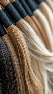 Beautiful flowing hair bundles displayed neatly, showcasing various rich brown, golden blonde, and soft light shades. Ideal strands for creative wig making 