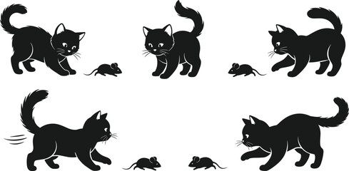 Black cat stalking and hunting mouse vector silhouette collection, watchful feline pet animal ready to pounce, adorable chase icon set.