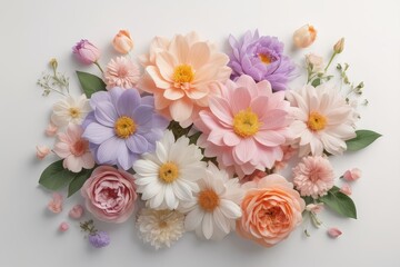Overhead shot of an array of pastel-colored flowers with green foliage on a white background