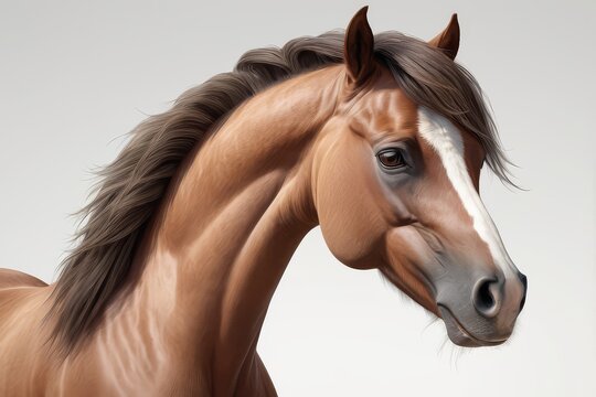 Portrait of a majestic horse with a chestnut coat, flowing mane, and white face markings