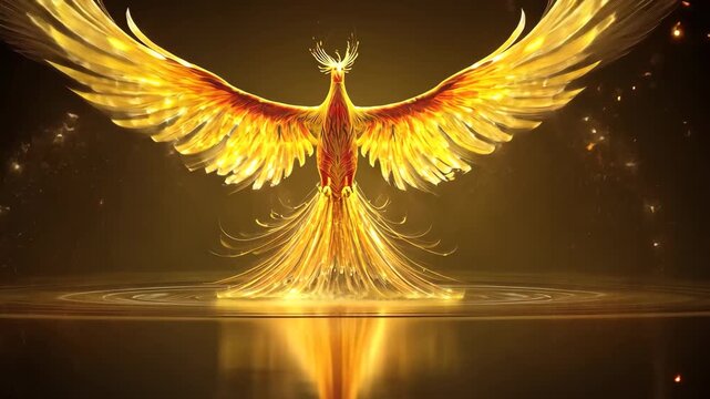 Golden phoenix bird with wings spread in light  