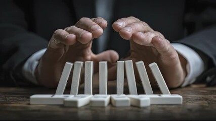 A figure in a dark suit intervenes using their hands to halt the cascade of falling white dominoes on a wooden table - Powered by Adobe