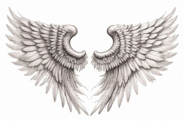 Fototapeta premium Realistic, detailed depiction of a symmetrical pair of white angel wings on a white background