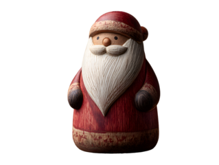 Hand-Carved Wooden Santa Figurine with Red Painted Suit on Pure White Background , Rustic Traditional Holiday Decoration with Detailed Textured Finish
