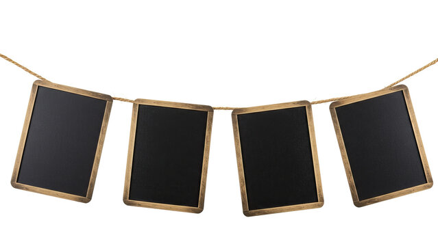 Five mini chalkboard tags perfectly aligned on a natural twine string using small wooden clothespins for a blank and rustic row.