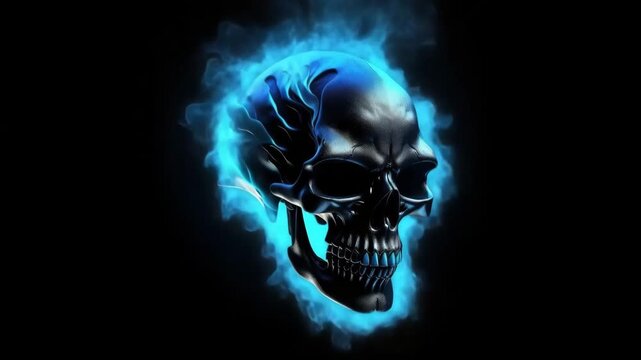 Horror concept skull illuminated by blue light 