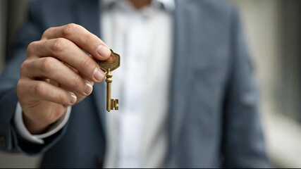 A figure in a dark suit presents a single ornate brass-colored key held between thumb and forefinger - Powered by Adobe