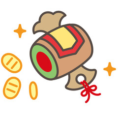 Uchide no Kozuchi Icon with Spilling Koban and Sparkle, Vector Line Art for Financial Good Fortune