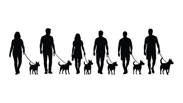 People walking dogs silhouettes isolated on white background, Vector
