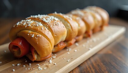 A wooden cutting board topped with a bunch of hot dogs.