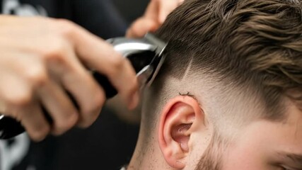 Precise barbering technique demonstrated on trendy haircut in professional salon