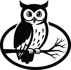 Stylized black and white owl perched on a branch inside an oval frame