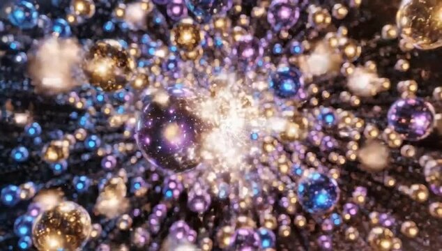 Stunning abstract cosmic spheres floating with dynamic depth and vibrant light particles - Powered by Adobe