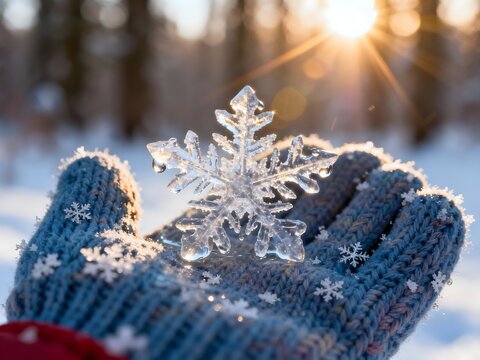 Crystal clear ice snowflake ornament held in blue knitted mittens with real snow crystals during golden hour sunset in winter forest

