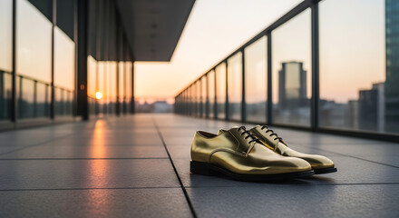 Golden dress shoes on city balcony