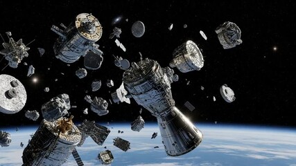 Dramatic space debris field orbits Earth, a chilling reminder of space junk dangers and the urgent need for sustainable space exploration in mesmerizing motion and stark contrast, a powerful visual