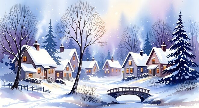 Watercolor winter village scene with snow covered houses and bridge - Powered by Adobe