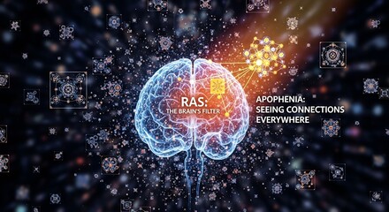 Educational Neuroscience Illustration Comparing RAS (Reticular Activating System) Brain Filter Function with Apophenia Pattern Recognition Showing Neural Network Connections and Cognitive Processing