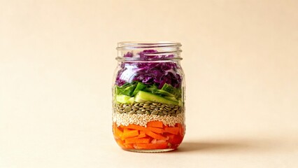 Colon cancer diet - Stylized close-up of a glass jar showcasing vibrant layers of fermented vegetables and seeds, emphasizing the colorful and healthy contents within.