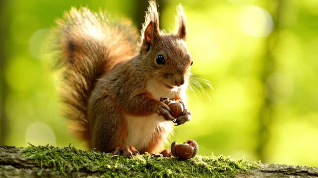 Squirrel Eating an Acorn on a Mossy Branch in a Sunny Forest