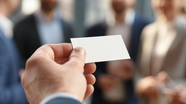 business card exchange person connects with group in a professional setting emphasizing networking and communication