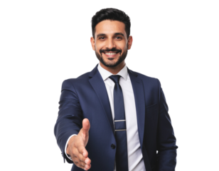 Male professional shaking hands with a welcoming body posture, isolated on a transparent background, PNG