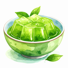 Vibrant green tea jelly dessert in a ceramic bowl watercolor illustration.