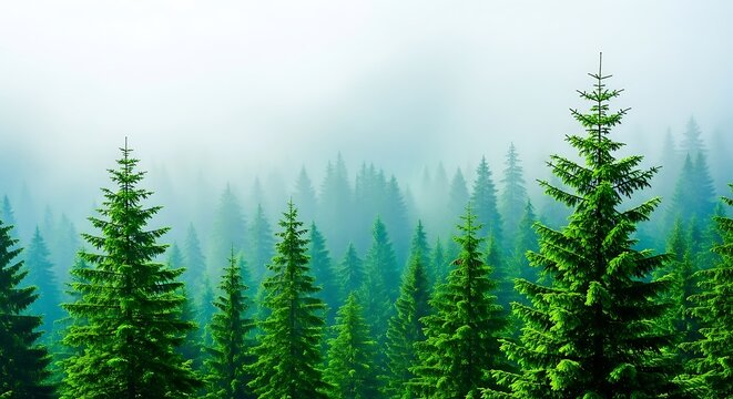 Lush Green Fir Trees in a Misty Forest A Serene Landscape