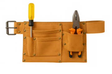 Brown tool belt showing screwdriver and pliers, used by a carpenter, electrician, or handyman. Transparent background