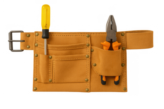 Brown tool belt showing screwdriver and pliers, used by a carpenter, electrician, or handyman. Transparent background