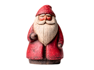 Hand-Carved Wooden Santa Figurine with Red Painted Suit on Pure White Background , Rustic Traditional Holiday Decoration with Detailed Textured Finish