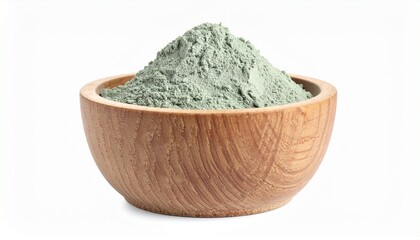 Natural Green Clay Powder in Wooden Bowl on Light Surface
