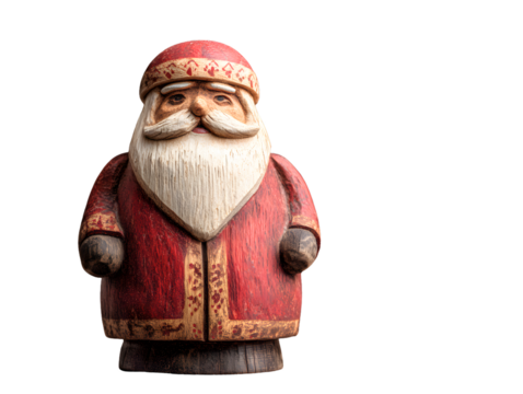 Hand-Carved Wooden Santa Figurine with Red Painted Suit on Pure White Background , Rustic Traditional Holiday Decoration with Detailed Textured Finish