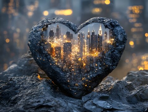 Urban skyline in heart shaped rock, city lights, love for metropolis