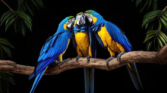 Colorful macaws cuddling on tree branch at night