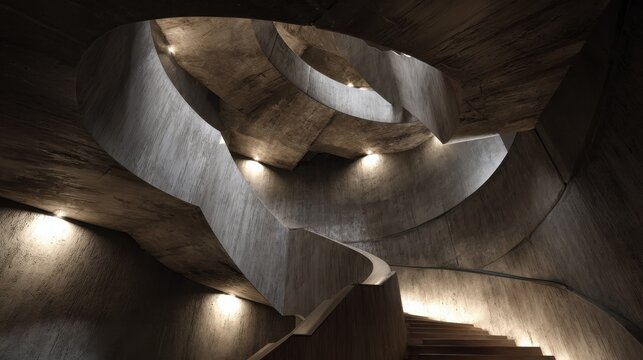 spiral concrete staircase in an observation tower featuring modern architectural design and dramatic lighting effects