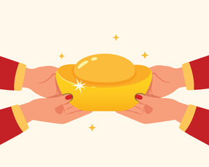 vector illustration of a woman hand holding a gold of lucky and wealthy. Asian culture concept.