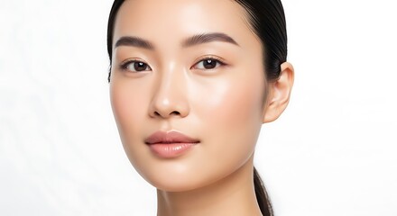 Obraz premium Close-up portrait of a beautiful young Asian woman with natural makeup and glowing skin.