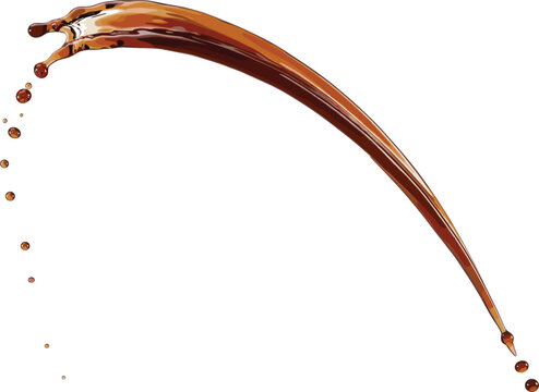 Dynamic and glossy arc of rich brown liquid splashing with suspended droplets, representing coffee, tea, or chocolate beverage.