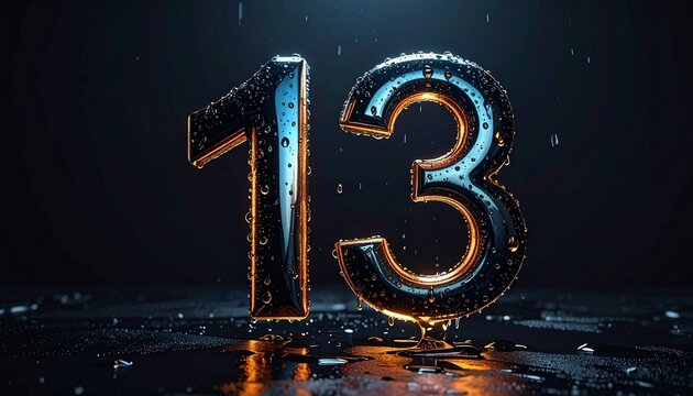 Futuristic Number 13 with Glowing Metallic Texture and Water Droplets