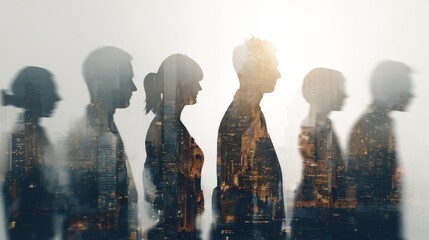 double exposure image of many business people teamg group silhouette office background
