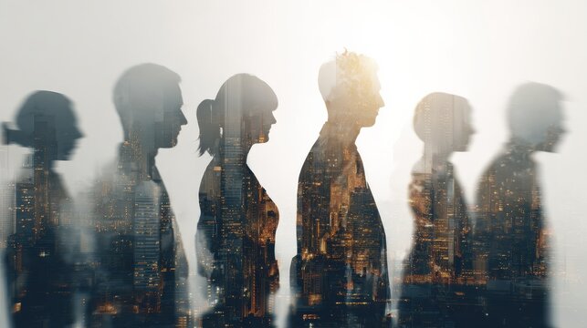 double exposure image of many business people teamg group silhouette office background