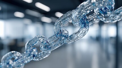 abstract transparent chain symbolizing blockchain connection and digital trust concept in futuristic office environment representing secure business networks and technology collaboration