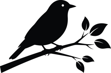 Black silhouette of a bird perched on a branch with leaves